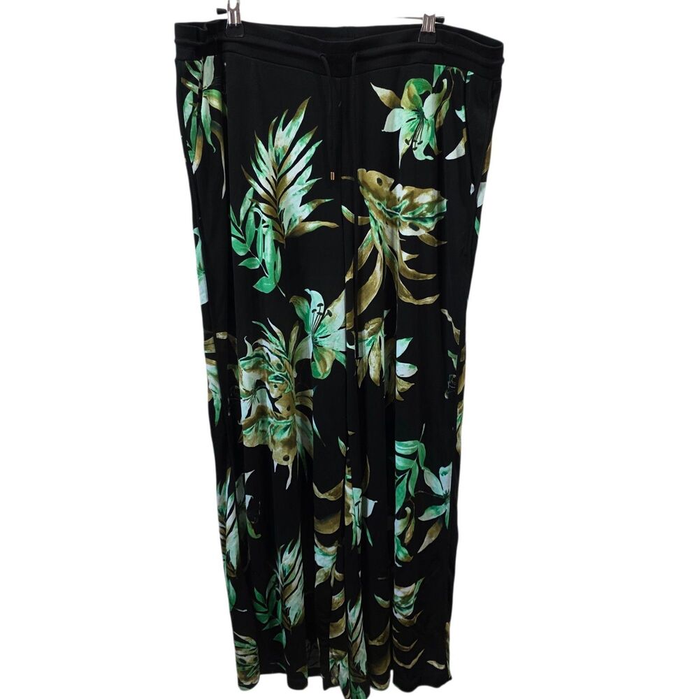 Lauren Ralph Lauren XL Wide Leg Tropical Floral Pants Black Green Resort Palazzo
